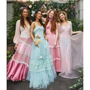 NEW $895 LoveShackFancy Pink Colorblock Kinsler Satin Lace Maxi Dress Sz 4 Gown